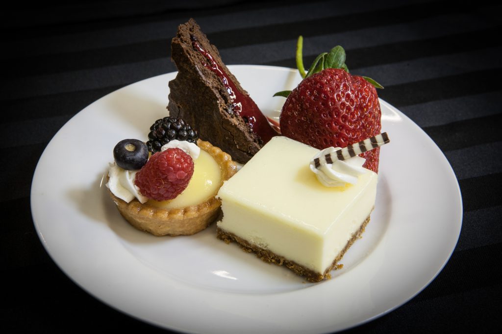 Carousel-Catering-Inc-Trio-of-Deserts-Cheese-Cake-Square-Lemon-Fruit-Tart-Cranberry-Pecan-Brownie